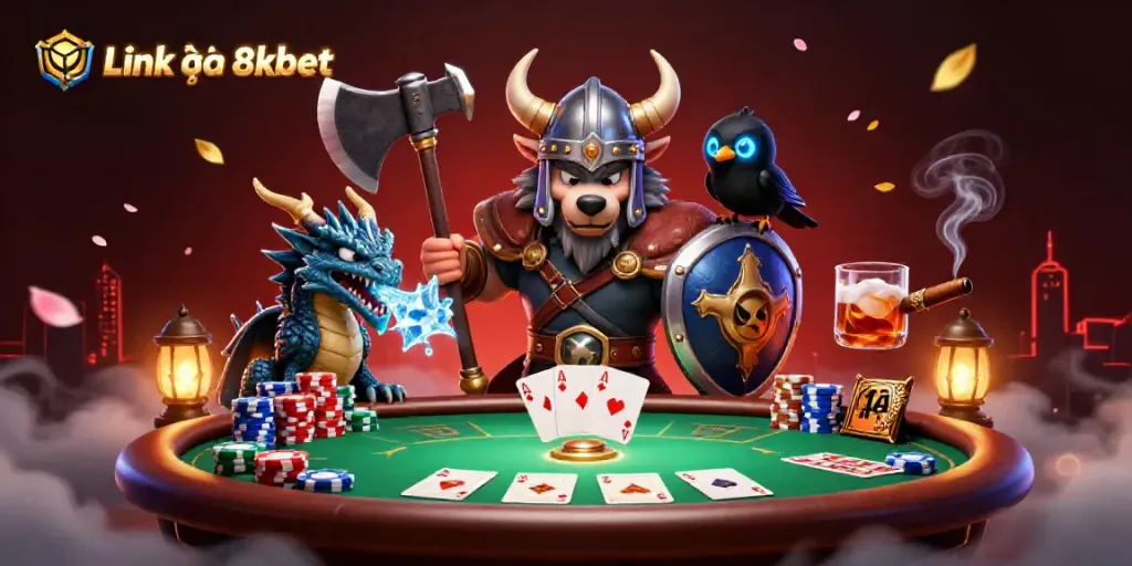Engage in thrilling gameplay with an illustration depicting Link vào 8kbet and iconic casino elements