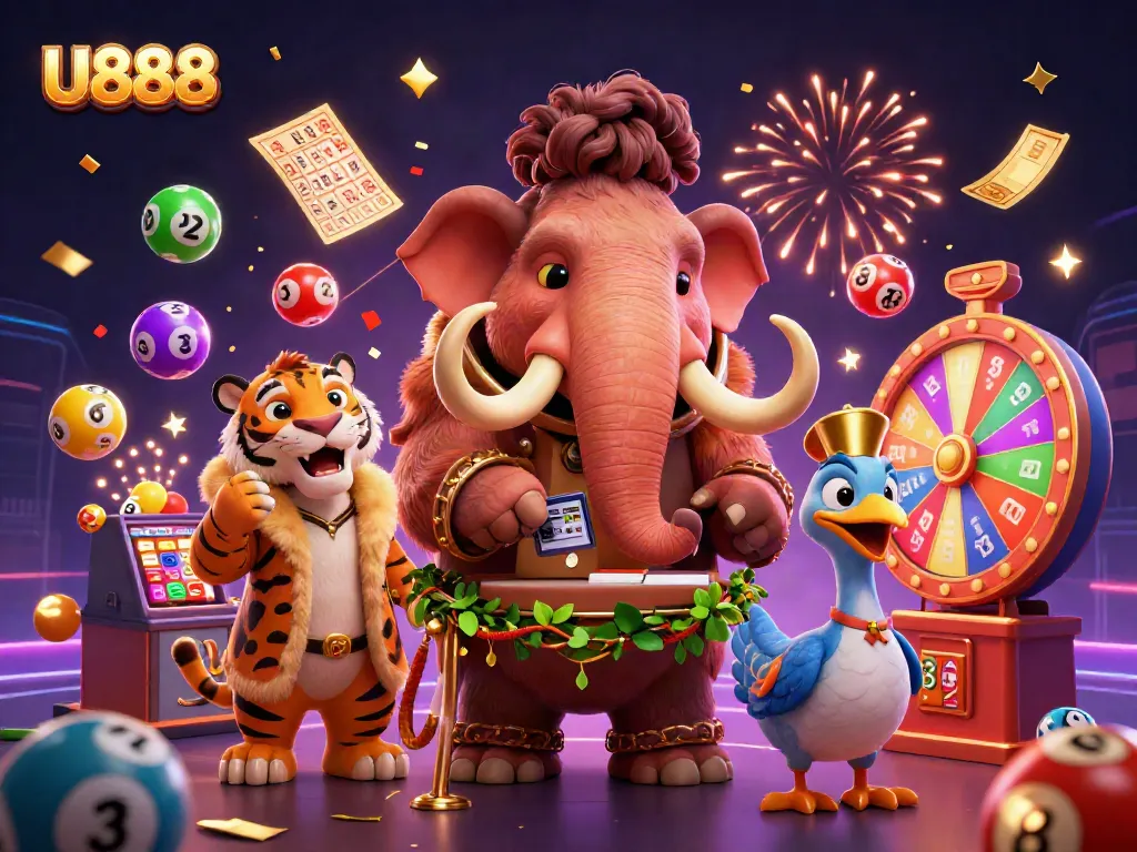 Win big at U888 with a vibrant 3D casino scene featuring a woolly mammoth bouncer and a saber-tooth VIP client.