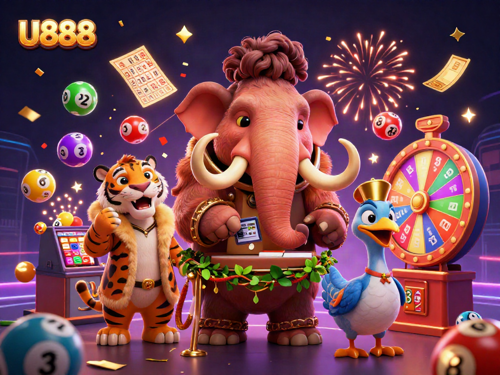Win big at U888 with a vibrant 3D casino scene featuring a woolly mammoth bouncer and a saber-tooth VIP client.