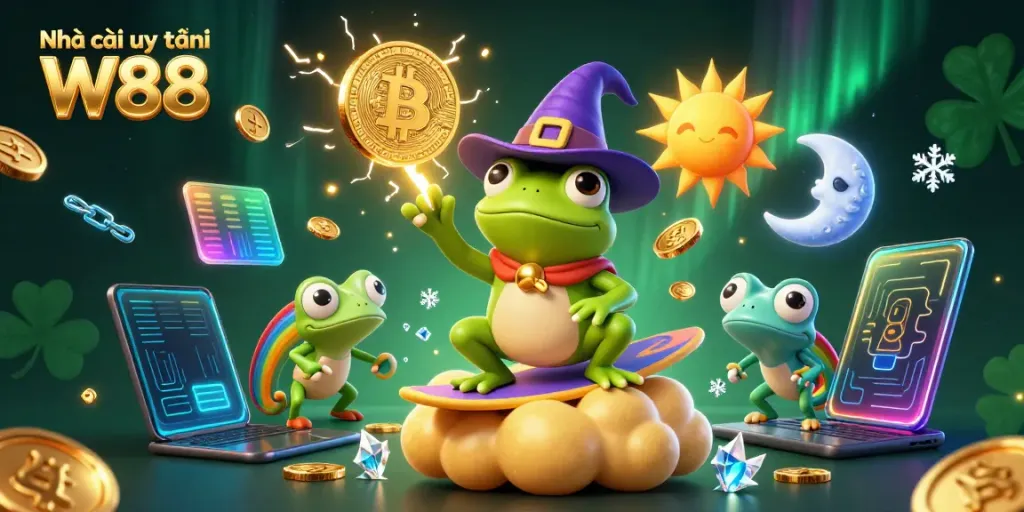 Experience thrilling gaming at Nhà cái uy tín W88 with vibrant 3D casino illustrations and exciting elements.