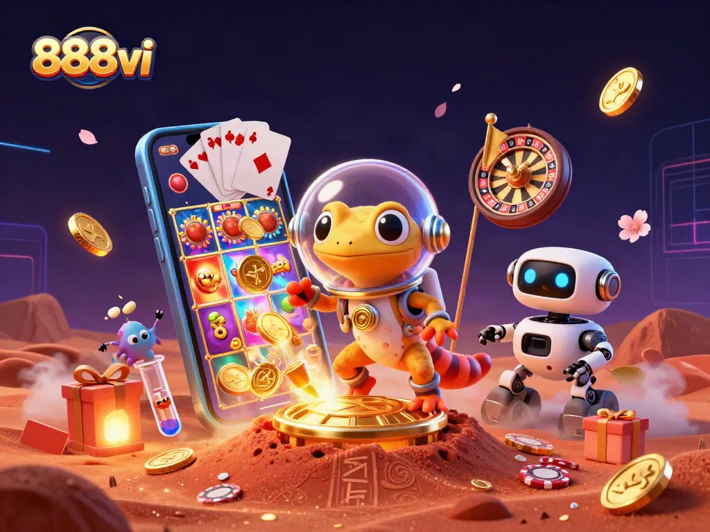 Engage with 888vi in a vibrant casino scene featuring a Martian gecko and robot discovering treasures.