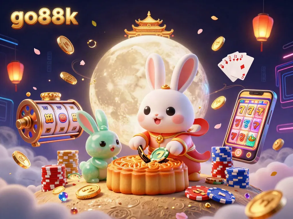 Engage in thrilling gameplay with go88k as the moon rabbit unveils poker chips from golden mooncakes amidst cascading coins and vibrant casino elements.