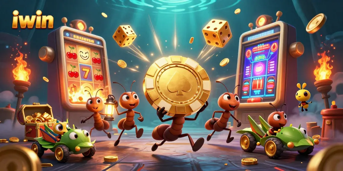 iwin-themed cartoon ants carrying a giant poker chip in a vibrant casino scene with slots and treasures
