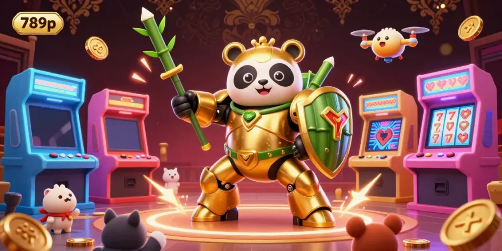 Engage in thrilling gaming adventures at 789p with a vibrant arcade and glamorous casino elements blending seamlessly.