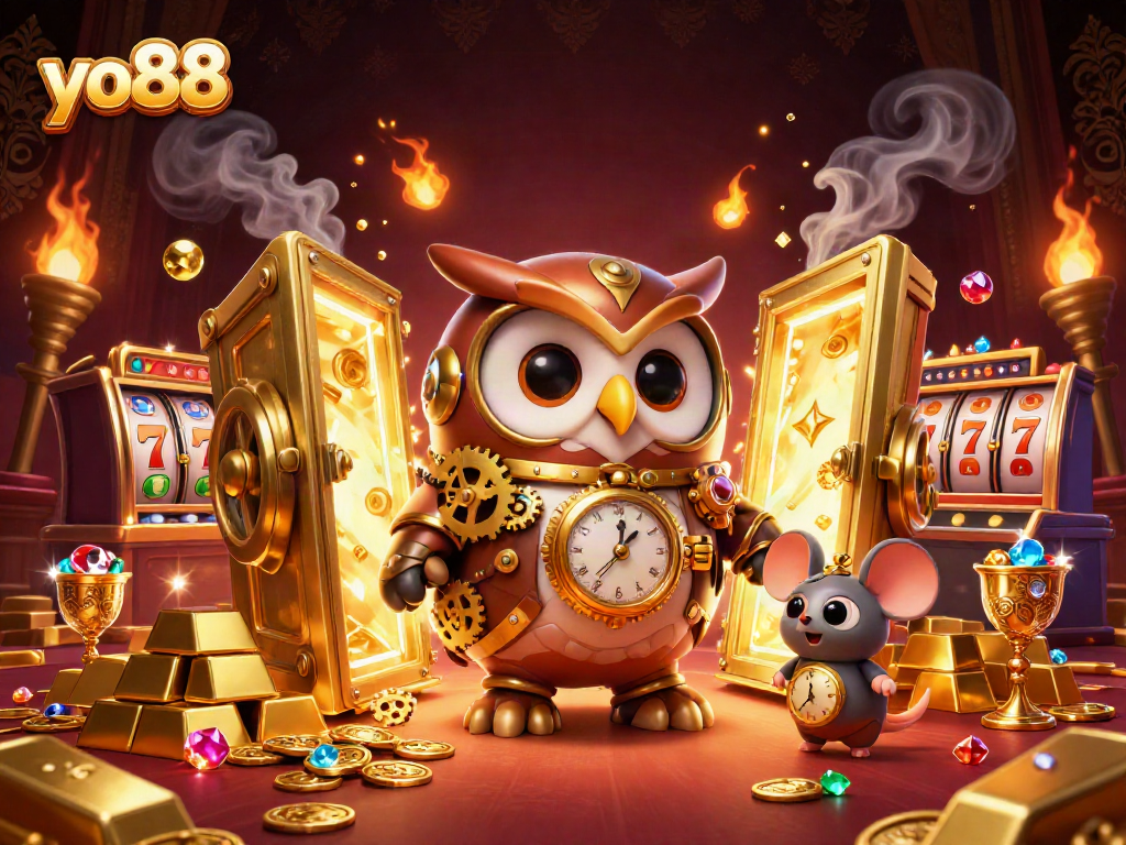 Experience thrilling gameplay at yo88 with a vivid 3D illustration of a steampunk owl and vibrant casino elements.