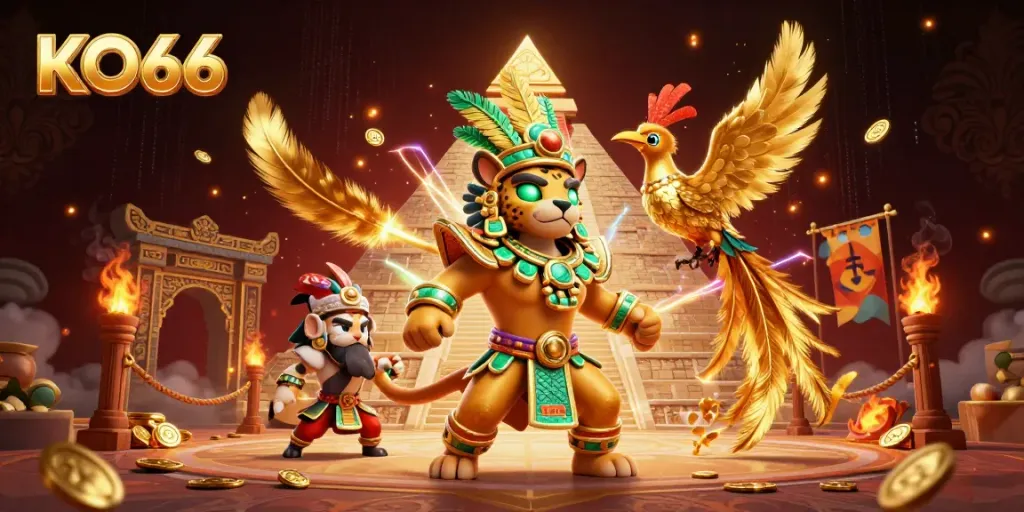 Experience thrilling gameplay with KO66 in this dynamic casino-themed illustration featuring vibrant characters.