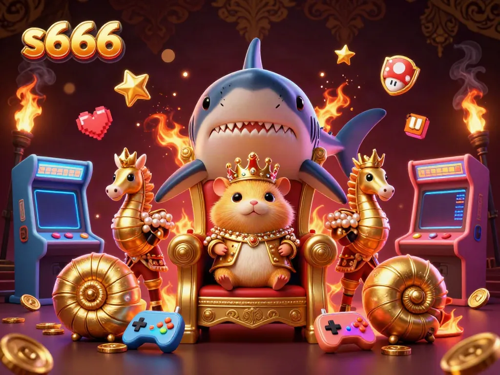 Experience the exciting world of s666 with a vibrant 3D illustration depicting a fierce golden hamster king amidst colorful gaming elements.