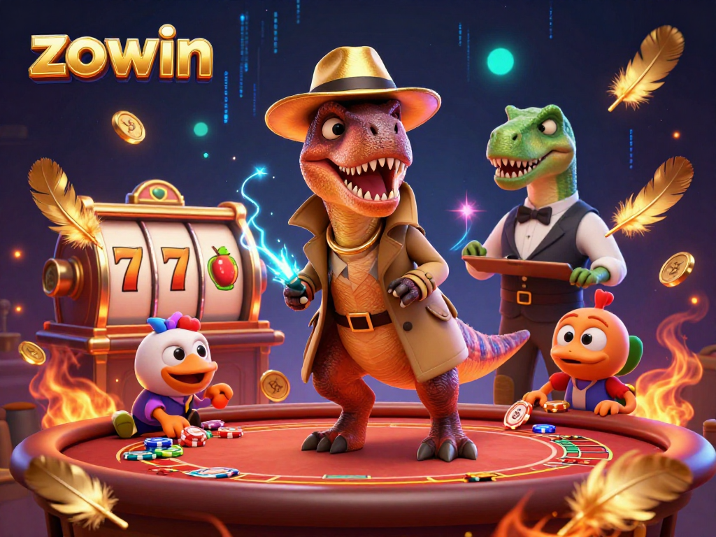 Experience thrilling gameplay at zo win with a velociraptor at a blackjack table amid vibrant casino elements.