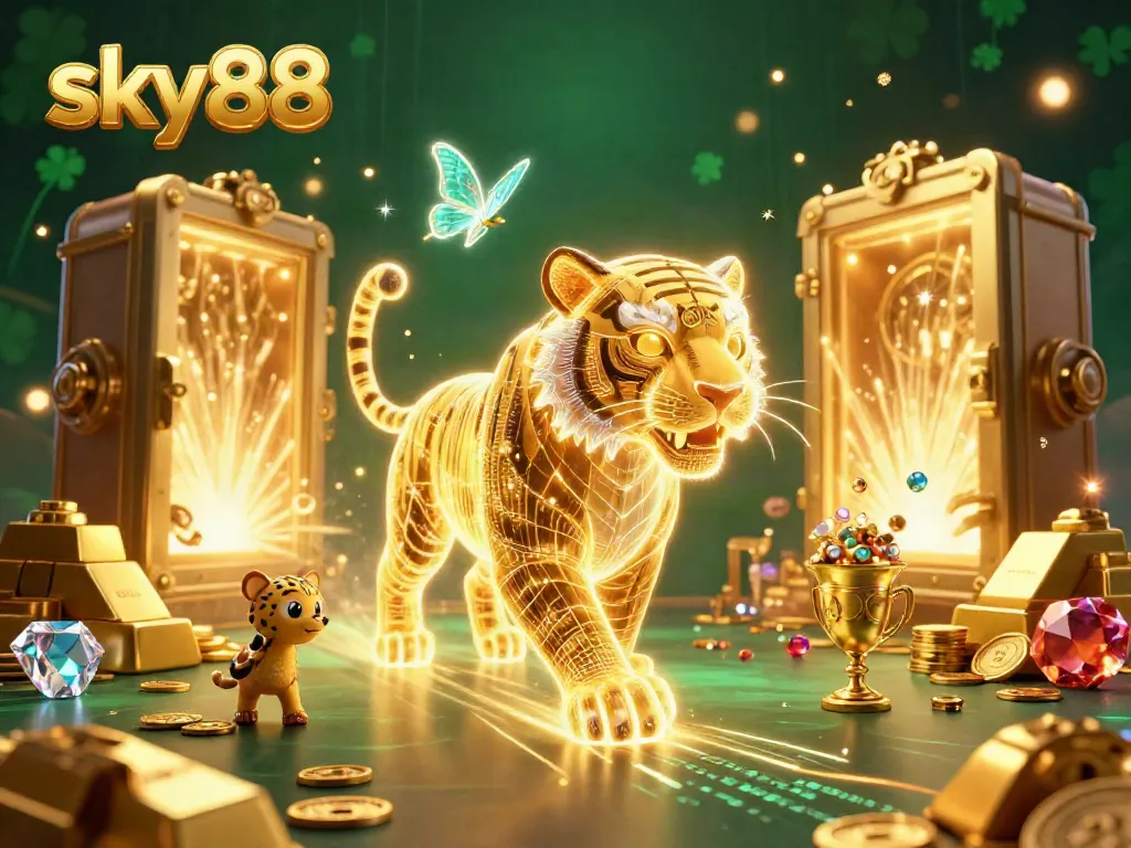 Engage with sky88's exciting digital casino experience featuring a glowing golden tiger and treasures.