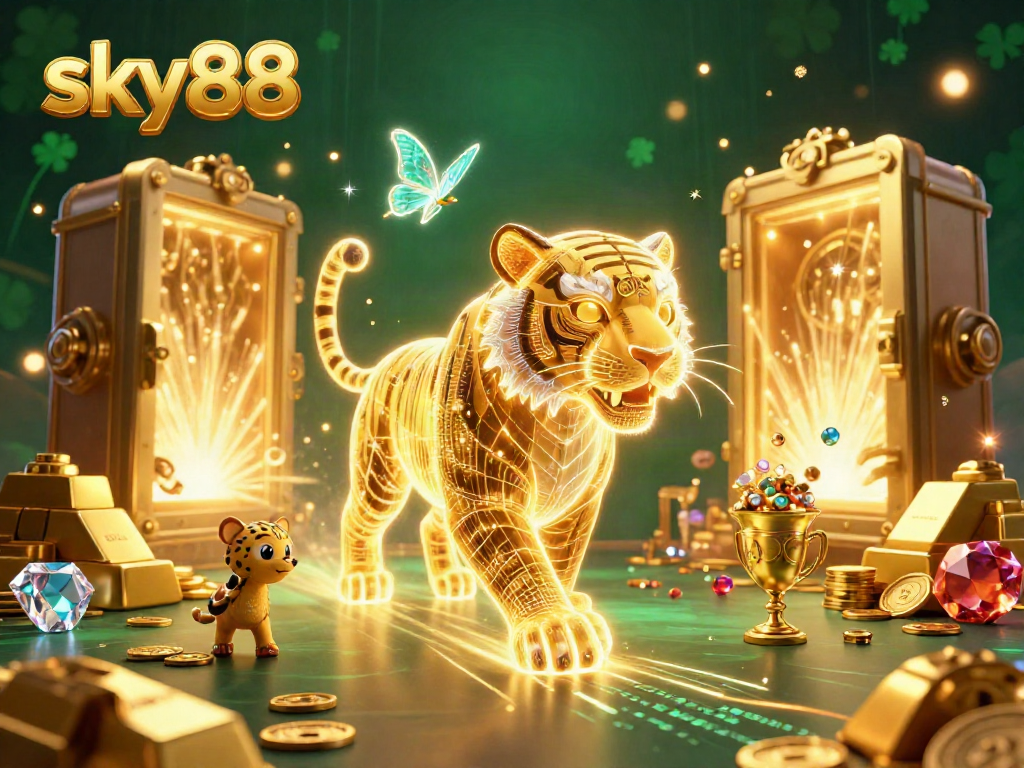Engage with sky88's exciting digital casino experience featuring a glowing golden tiger and treasures.