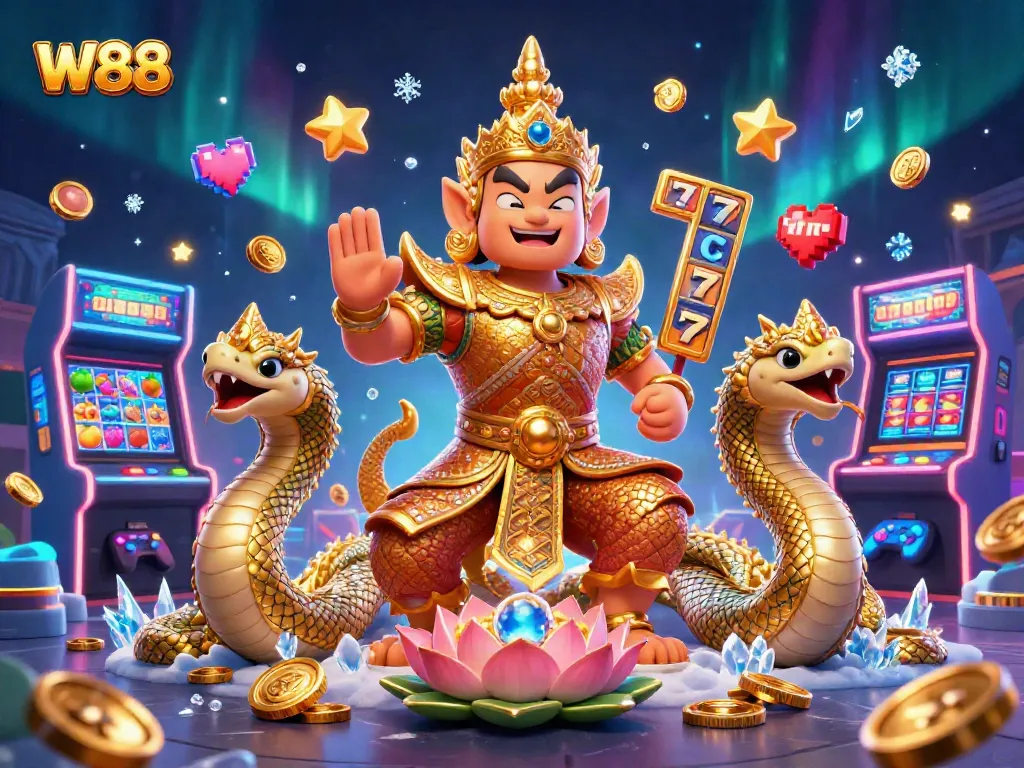 W88 players spin colorful slot reels surrounded by vibrant gaming elements and golden guardian figures.
