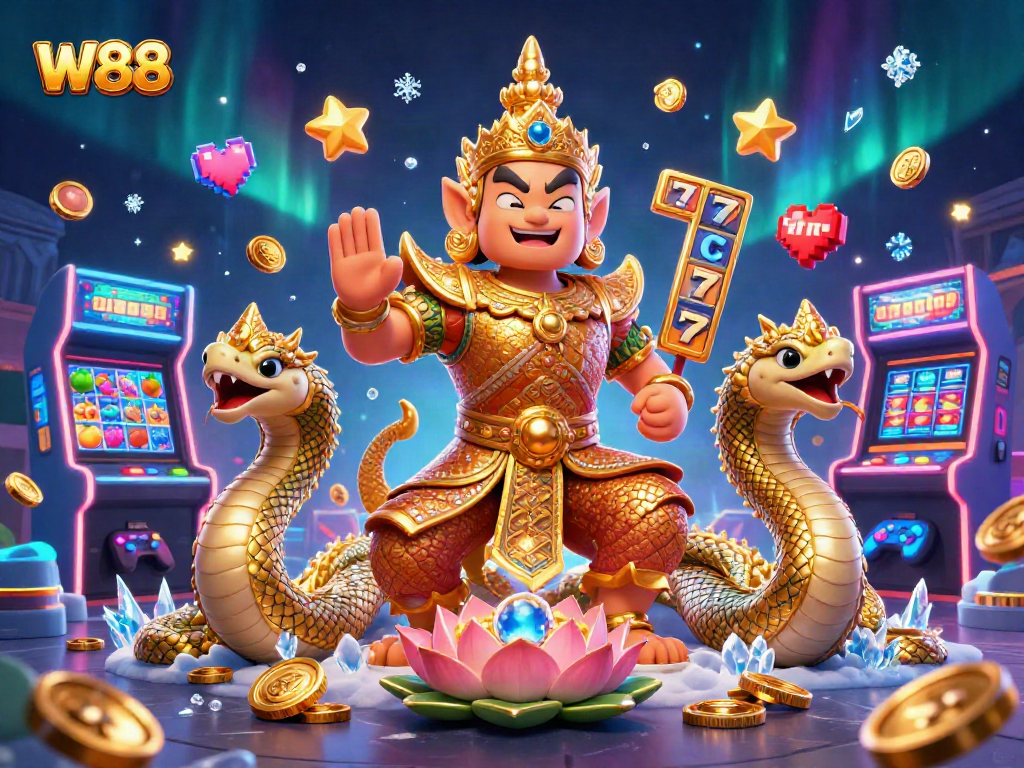 W88 players spin colorful slot reels surrounded by vibrant gaming elements and golden guardian figures.