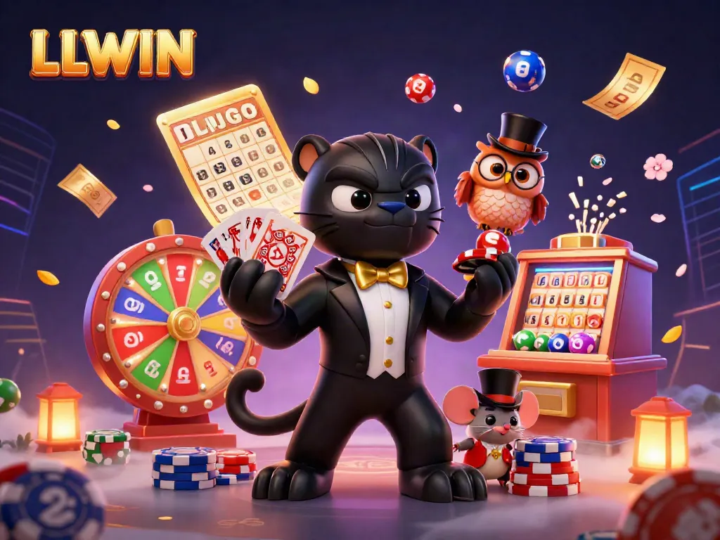 Experience thrilling gaming at LLWIN with a stylish panther dealer, owl with poker chips, and festive lottery elements.