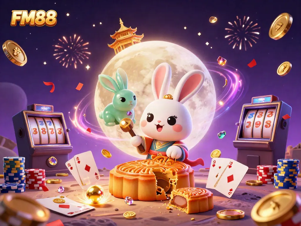 FM88 showcases a whimsical moon rabbit creating golden mooncakes that reveal poker chips amidst a casino-themed fantasy scene.