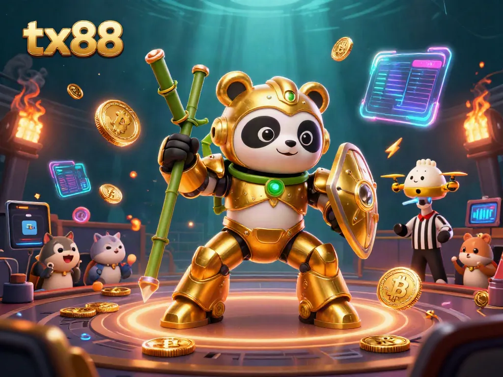 Engaging TX88 casino arena scene with golden panda pilot battling in an epic gambling showdown.