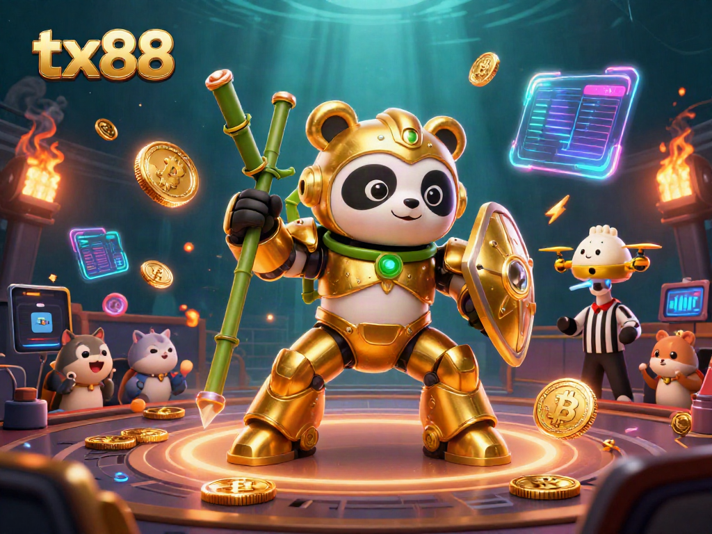 Engaging TX88 casino arena scene with golden panda pilot battling in an epic gambling showdown.