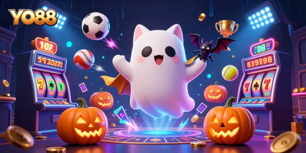 YO88 introduces an exciting casino atmosphere with a ghost cat, dynamic elements, and glowing slot reels.