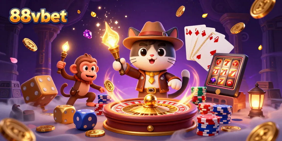 Experience winning with 88vbet in a vibrant 3D casino adventure scene.
