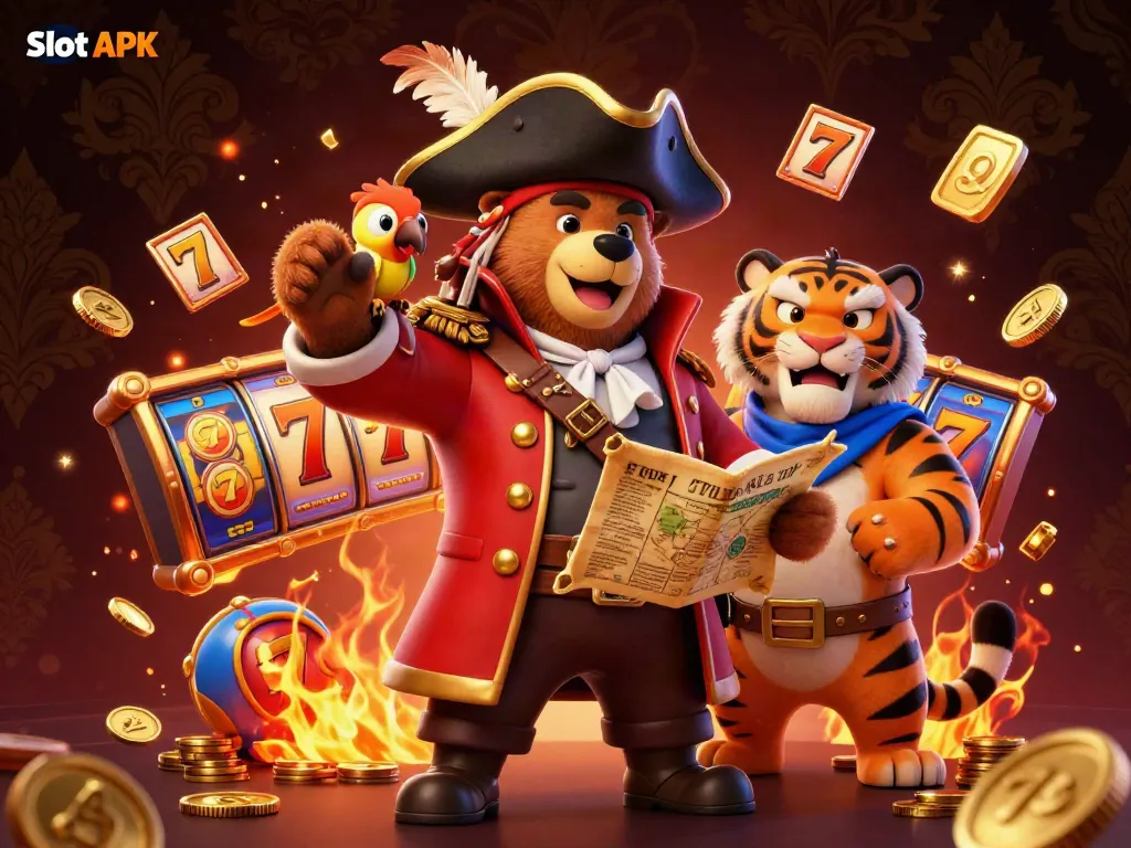 Engage in the thrill of Slot APK with a vibrant illustration of a pirate bear and his tiger mate spinning reels for jackpots.