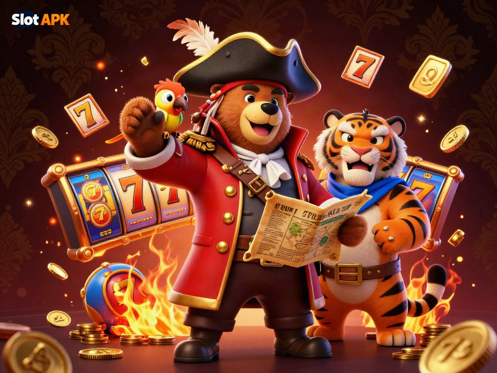 Engage in the thrill of Slot APK with a vibrant illustration of a pirate bear and his tiger mate spinning reels for jackpots.