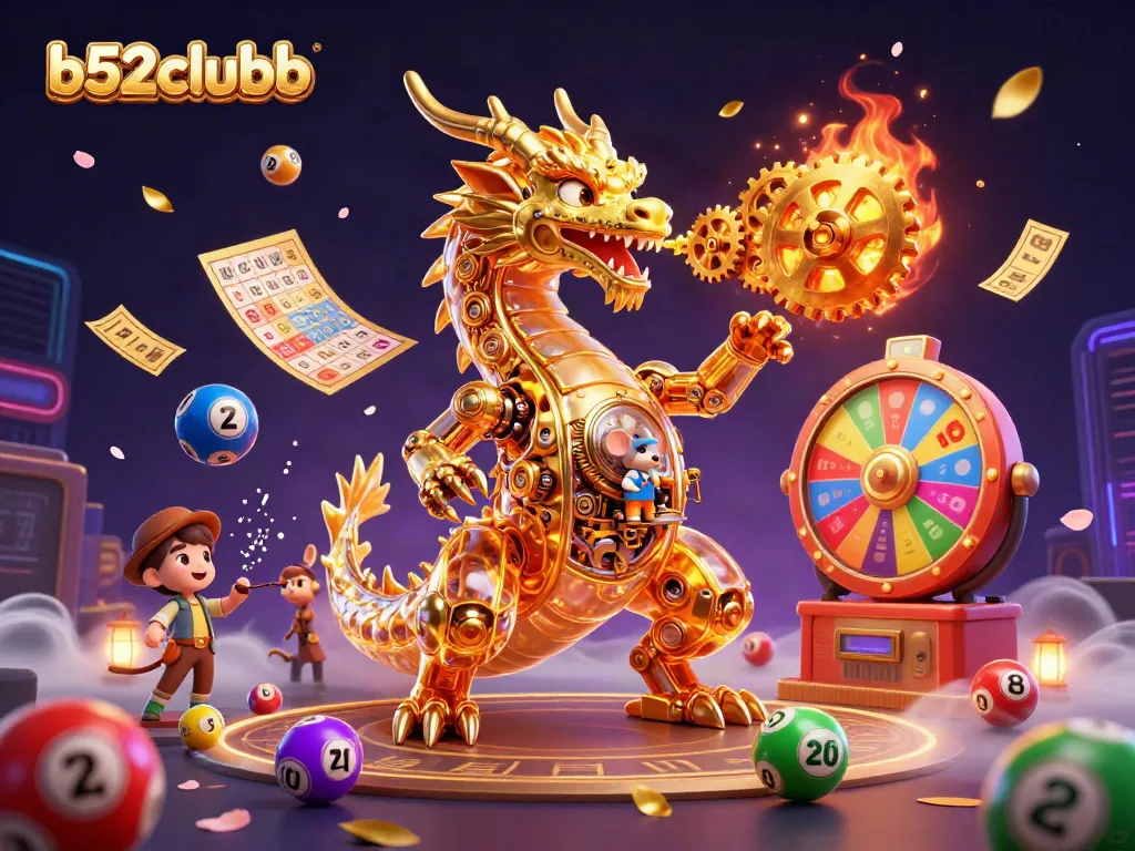 B52clubb showcases exciting gaming action with a golden dragon, colorful lottery elements, and vibrant casino visuals.