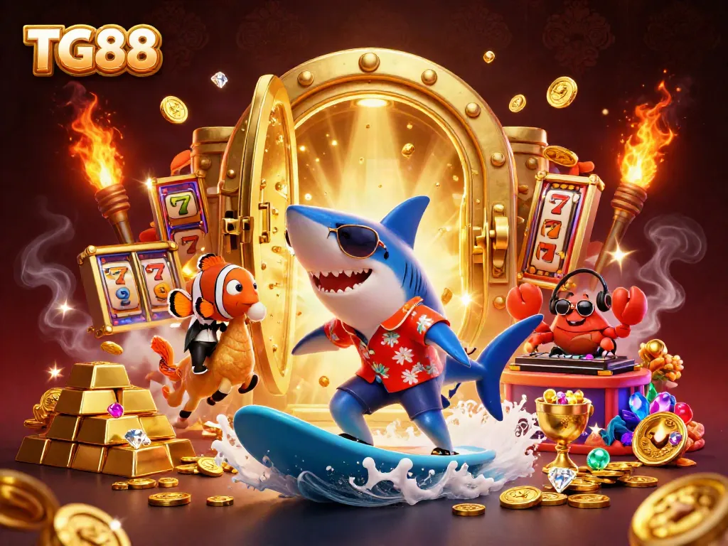 Experience exciting gaming action at TG88 with a shark, clownfish, and crab amidst jackpot treasures.