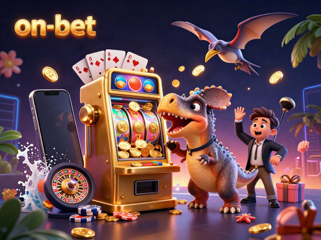 Experience the exciting on-bet scene with a dinosaur, casino elements, and golden coins falling.