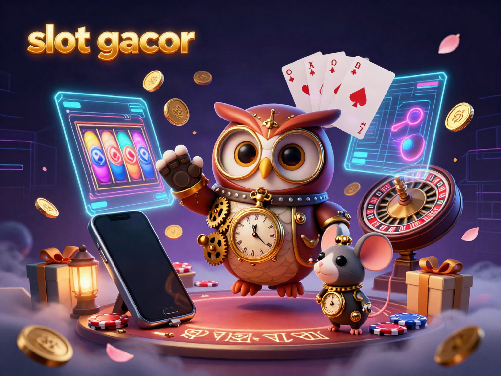 Experience the excitement of slot gacor with a captivating scene of a time-traveling owl and gaming elements.