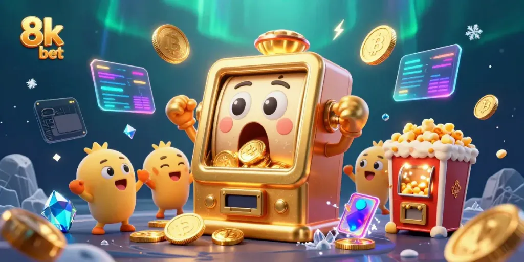 Engaging scene of 8k bet-themed slot machines celebrating a jackpot with vibrant cryptocurrency elements