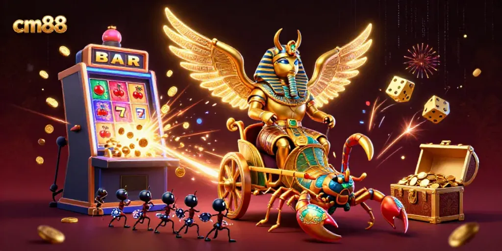 Experience excitement at cm88 with a dynamic illustration of a golden scarab beetle, slot machines, and poker chips.