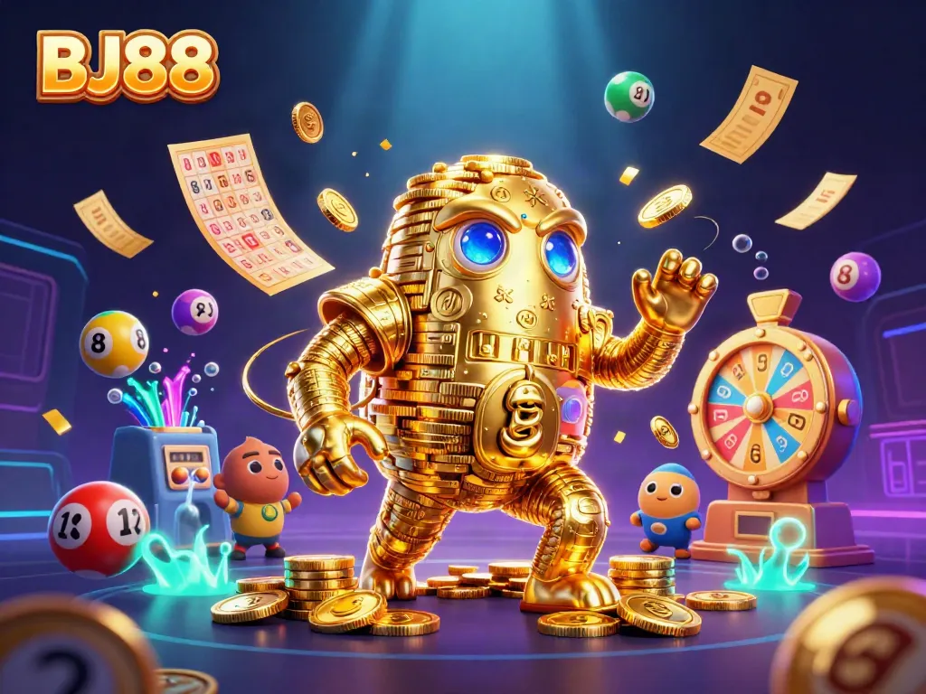 Experience excitement with BJ88's dynamic online casino activities featuring golden golem and vibrant game elements.