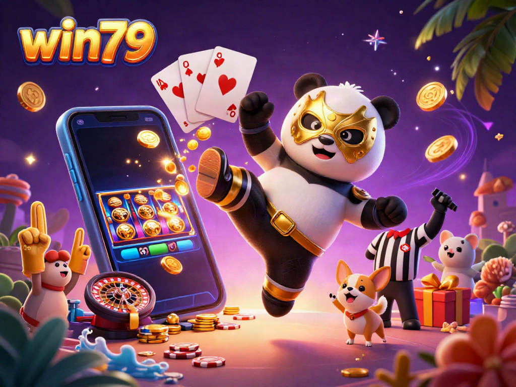 win79 brings excitement with a lively scene of a panda wrestler, golden coins, and cheering spectators
