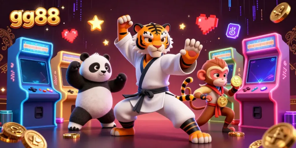 Experience the thrill of gg88 as the kung fu tiger teaches gaming mastery amid vibrant casino elements.