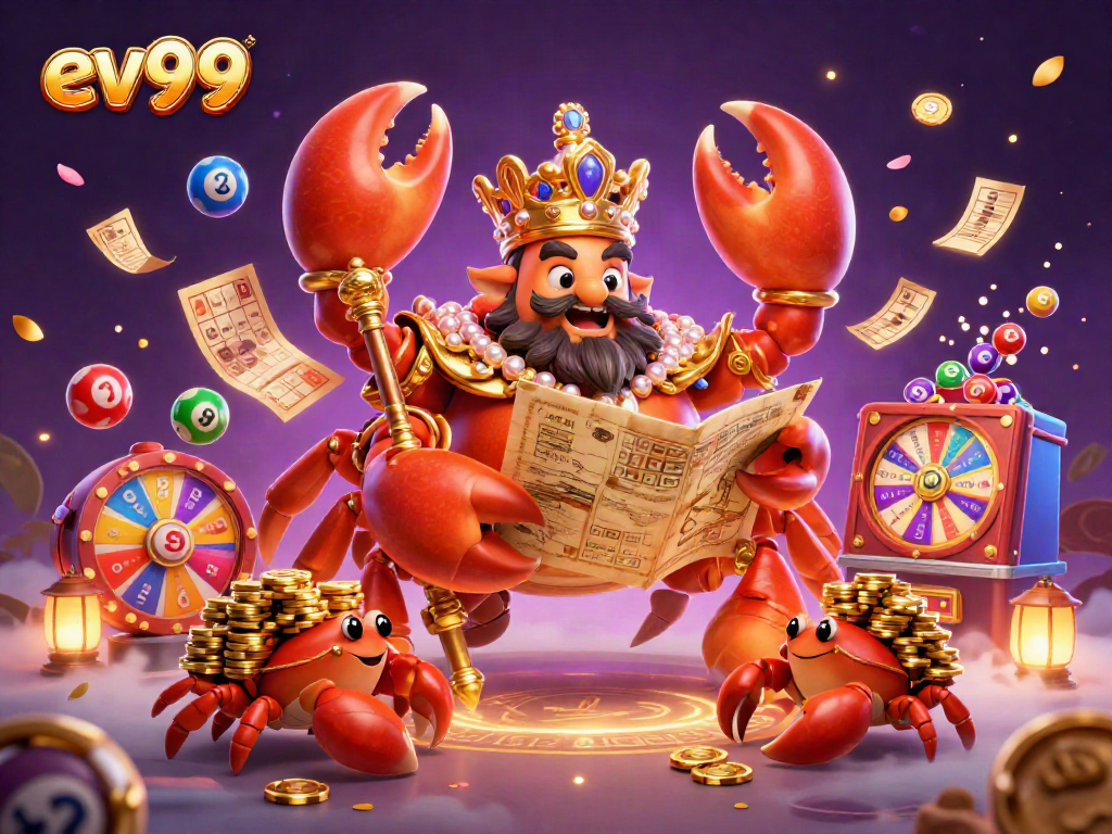 Experience the excitement at ev99 with a vibrant scene featuring a golden crab emperor and dynamic gaming elements.