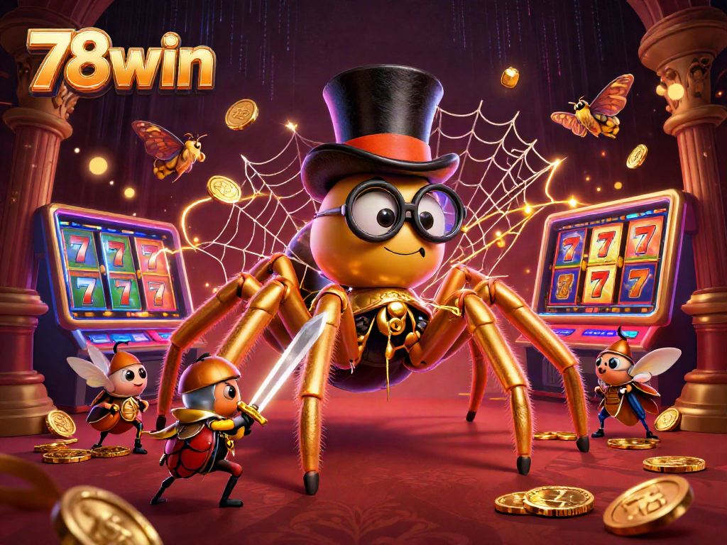 Experience thrilling gameplay at 78win with stunning 3D visuals featuring a golden tarantula in a casino scene.