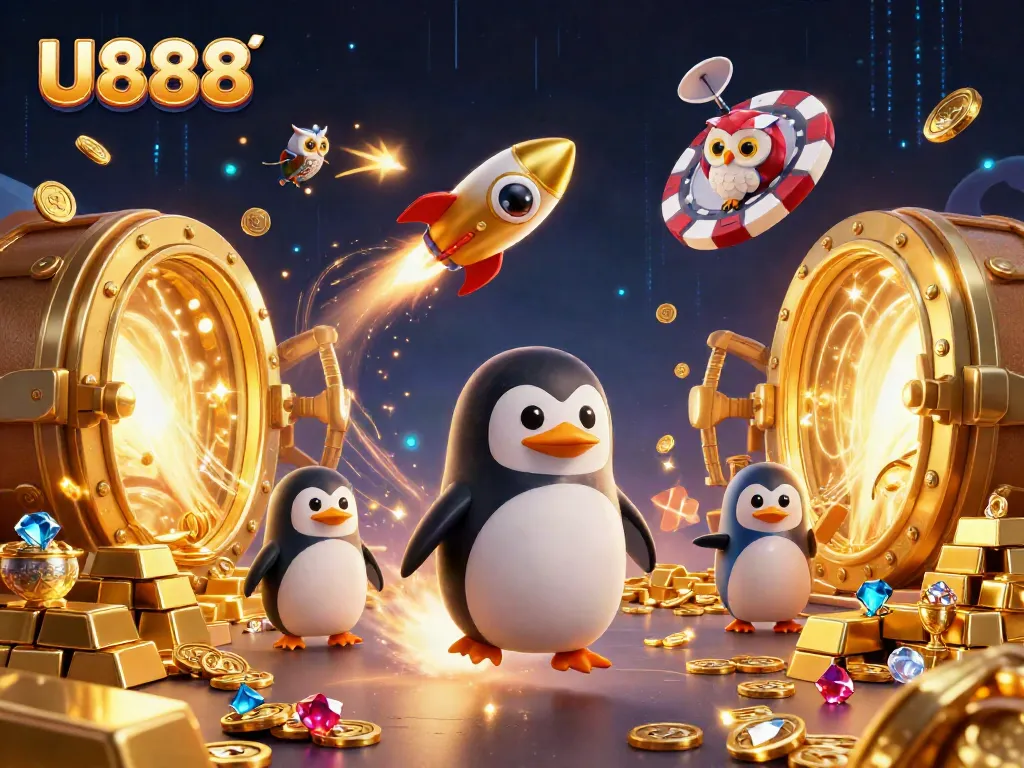 Experience thrilling games at U888 with a vibrant 3D illustration of a penguin racing to a casino station.