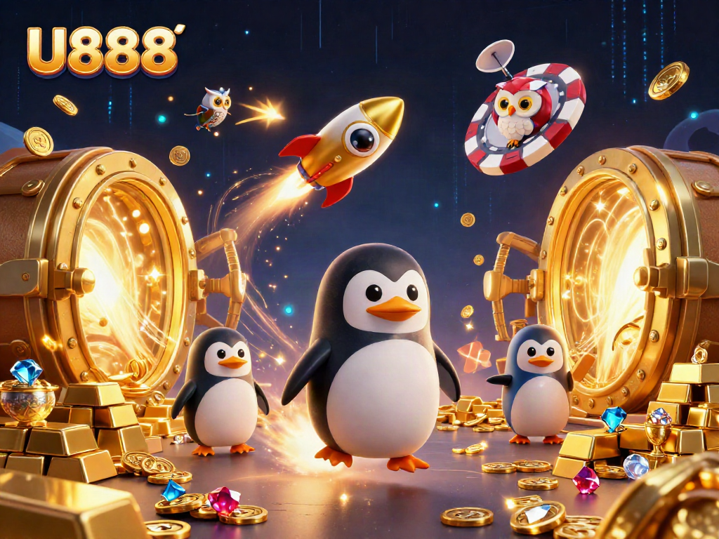 Experience thrilling games at U888 with a vibrant 3D illustration of a penguin racing to a casino station.