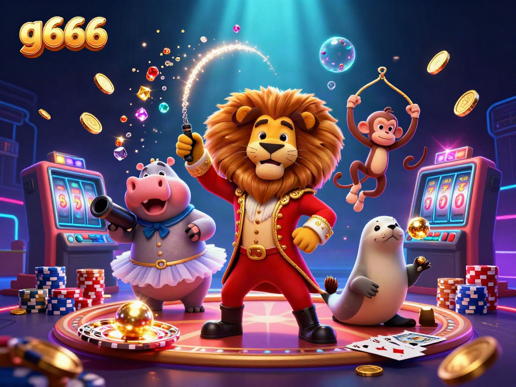 Experience the thrill of g666 gaming with vibrant circus characters amidst dazzling casino elements.