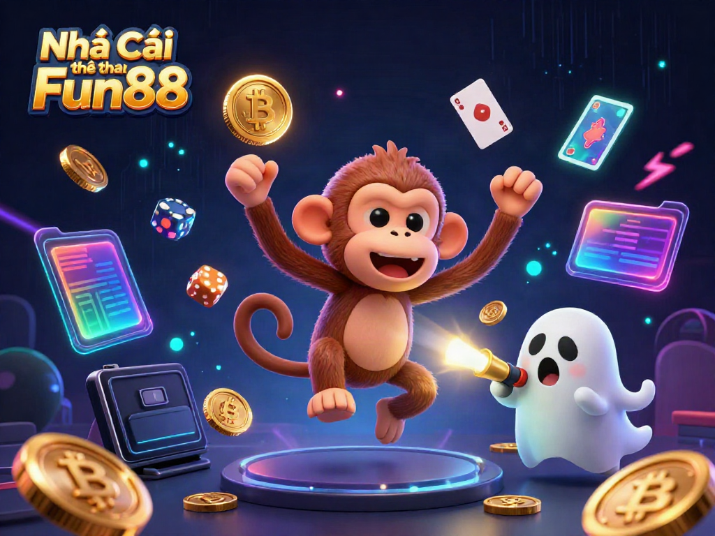 Engaging scene showcasing Nhà cái thể thao Fun88 with a poltergeist monkey juggling gold, embodying a lively casino atmosphere.