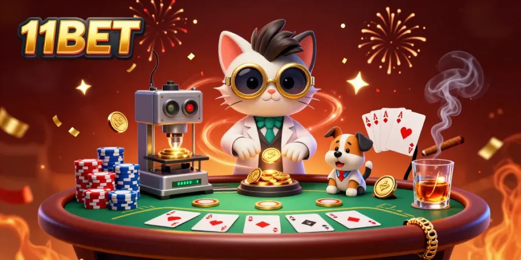 Win big with 11BET as a mad scientist cat and dog create wealth at the poker table.