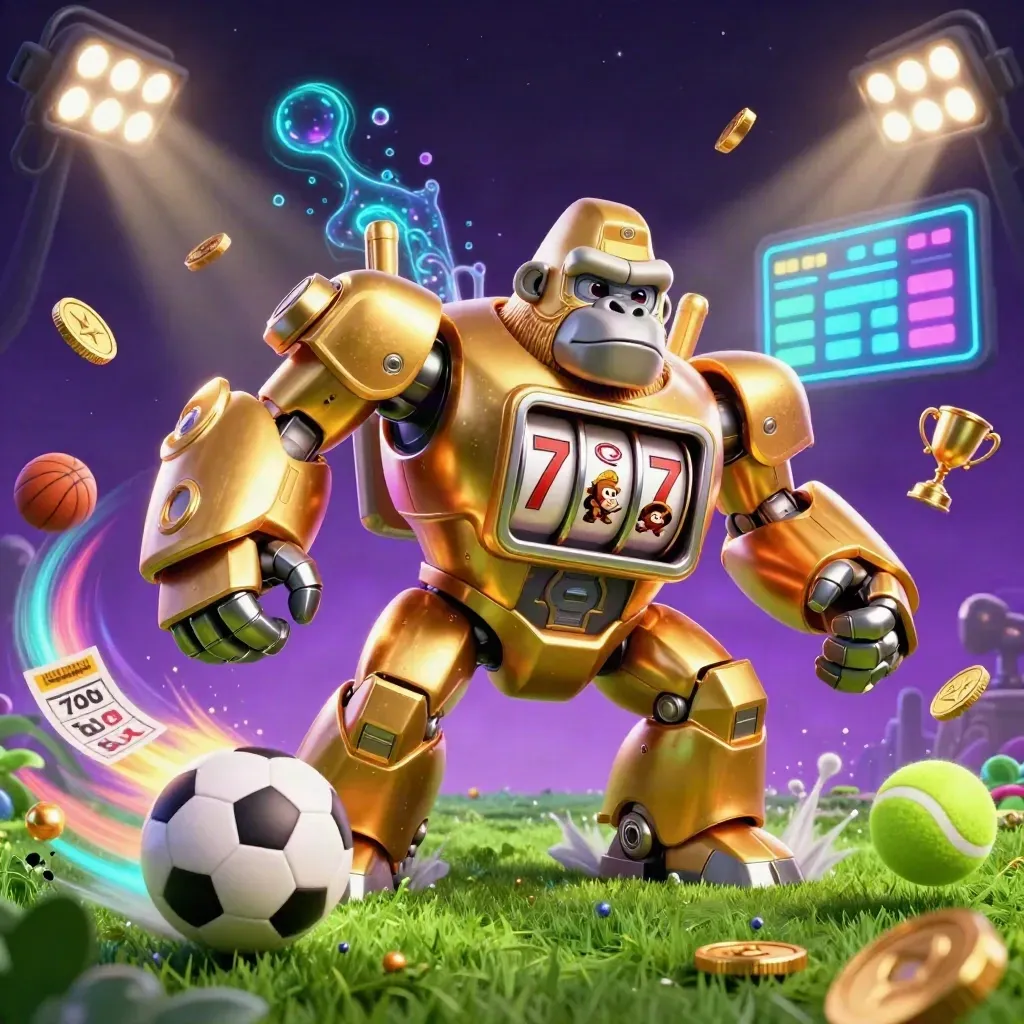 Golden gorilla mech with monkey pilot, flying sports balls, trophy, coins, and neon arena lights.