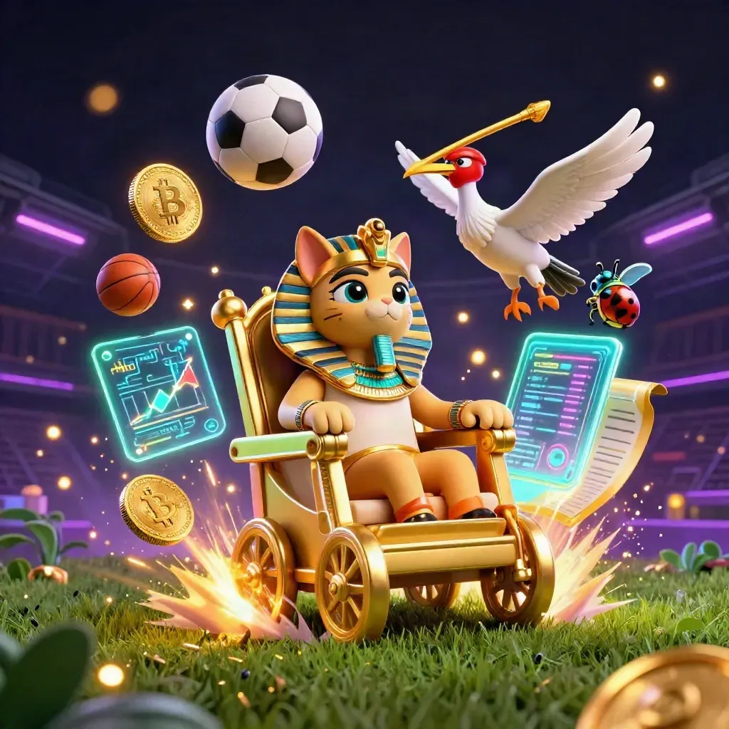 Pharaoh cat, ibis scribe and gem-wing scarabs amid flying sports balls and neon casino energy.