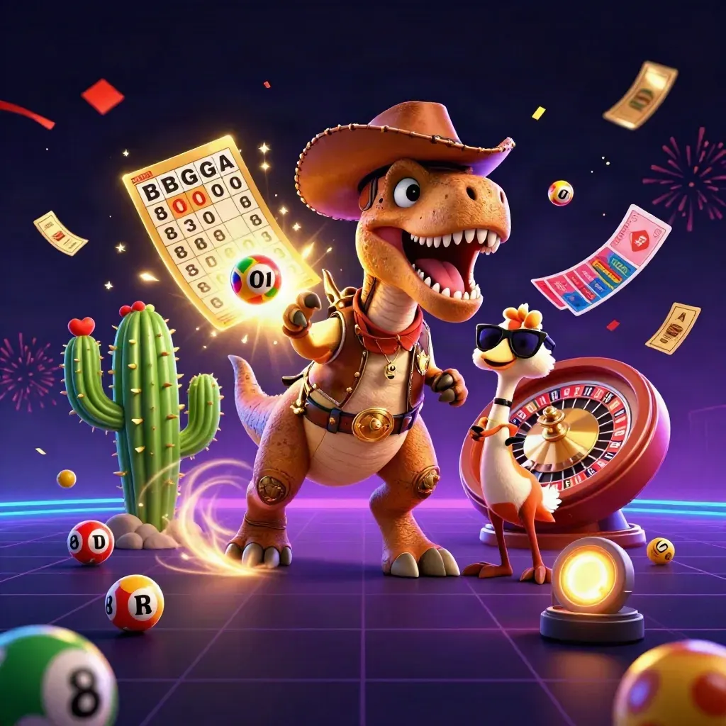 Cowboy T-Rex, cactus sidekick, and roadrunner amid casino fireworks, wheels, cards, and neon treasure glow.
