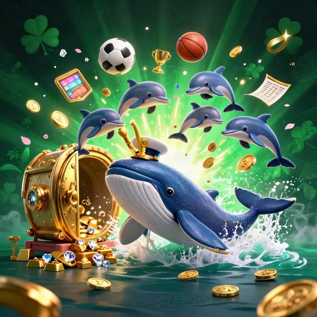 Whale, narwhal, and dolphins burst through coins with gold vault, sports balls, and neon casino glow.