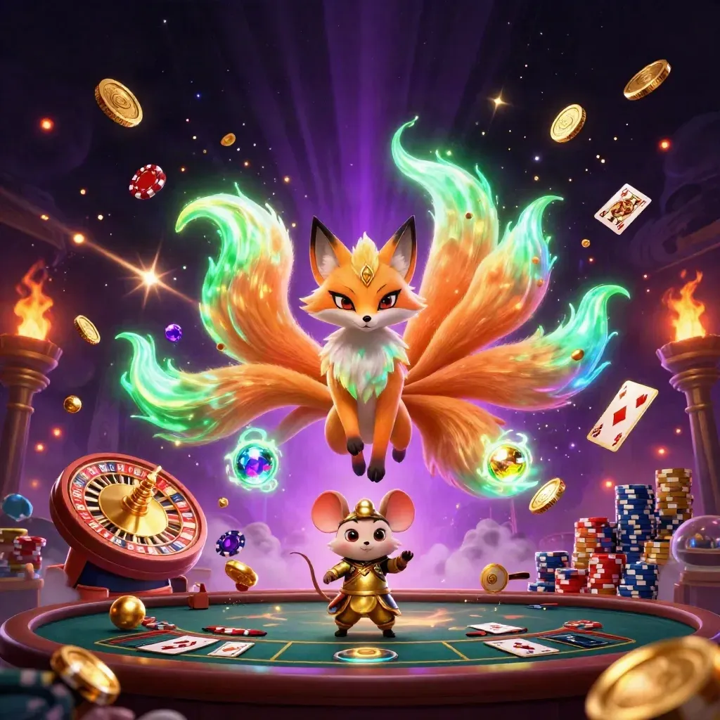 Neon fox spirit and samurai mouse amid casino magic, coins, cards, roulette, and glowing chips.