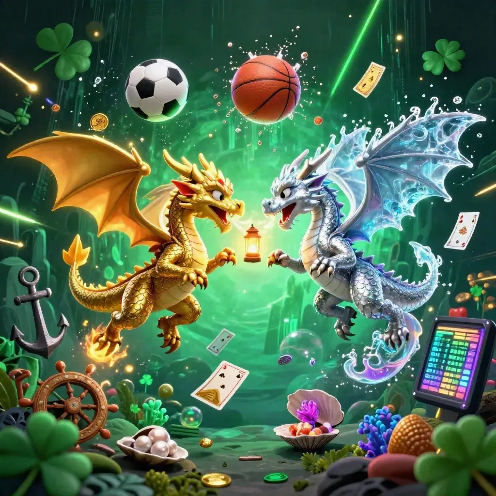 Gold and silver dragons swirl over a treasure cove with balls, cards, coral, and neon casino glow.
