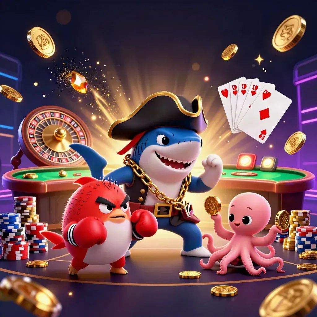 Pirate shark, pufferfish, and octopus amid casino lights, coins, roulette, and glowing chips.