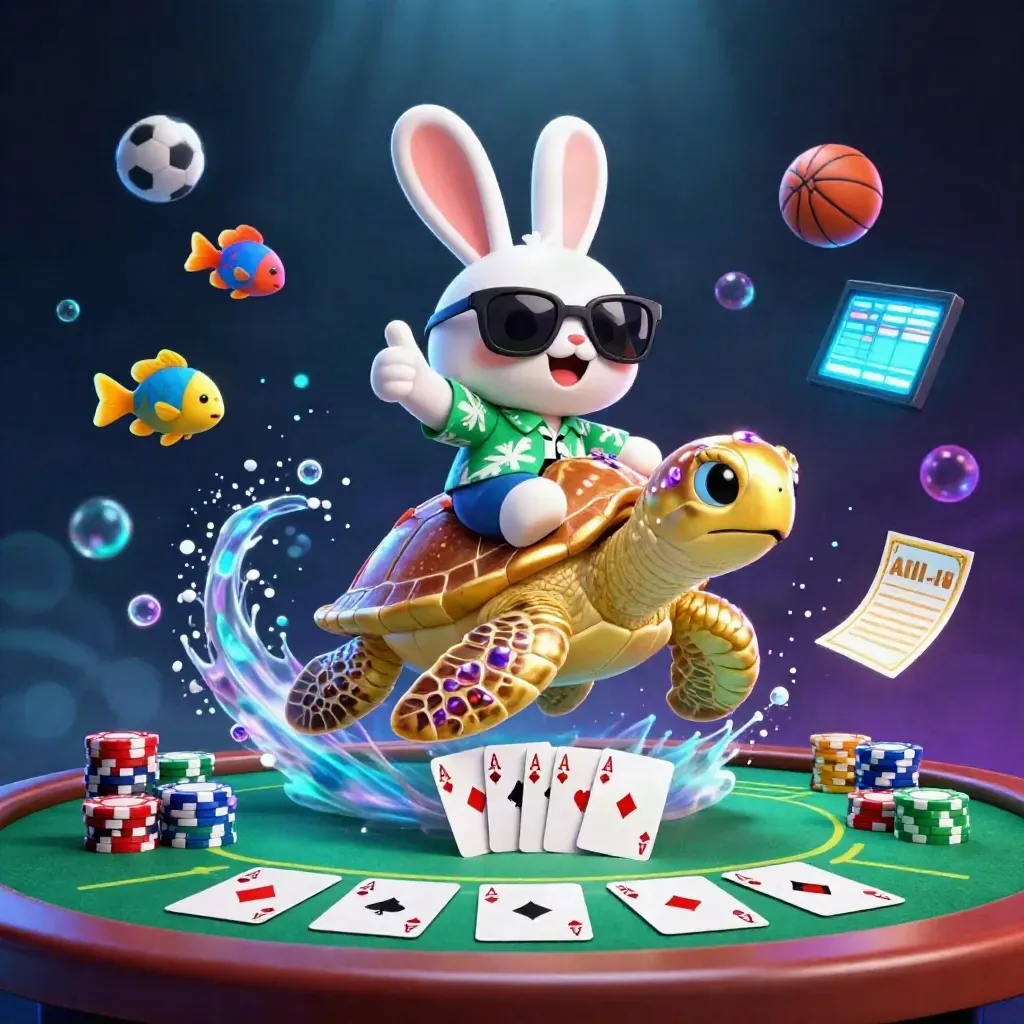 Lucky rabbit rides a golden sea turtle amid chips, aces, and glowing casino lights.