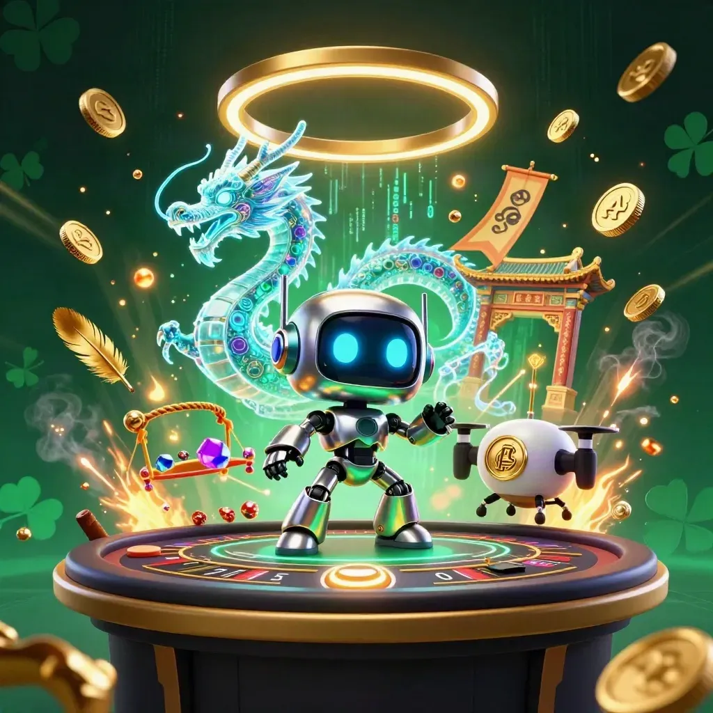 Cyberpunk robot, holographic dragon, and coin drone amid neon casino rings and gold light