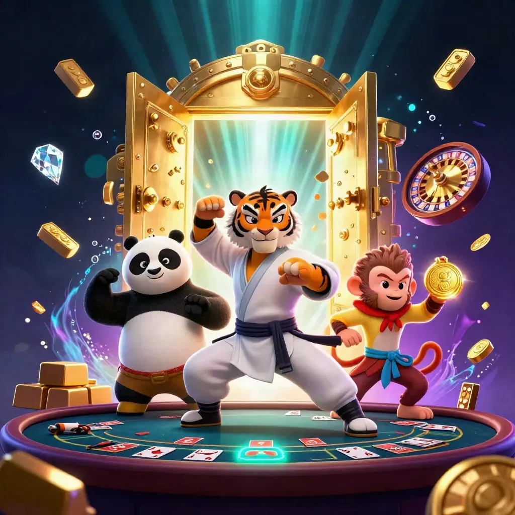 Tiger, panda, and monkey in a glowing casino vault with gold, gems, and spinning wheel.